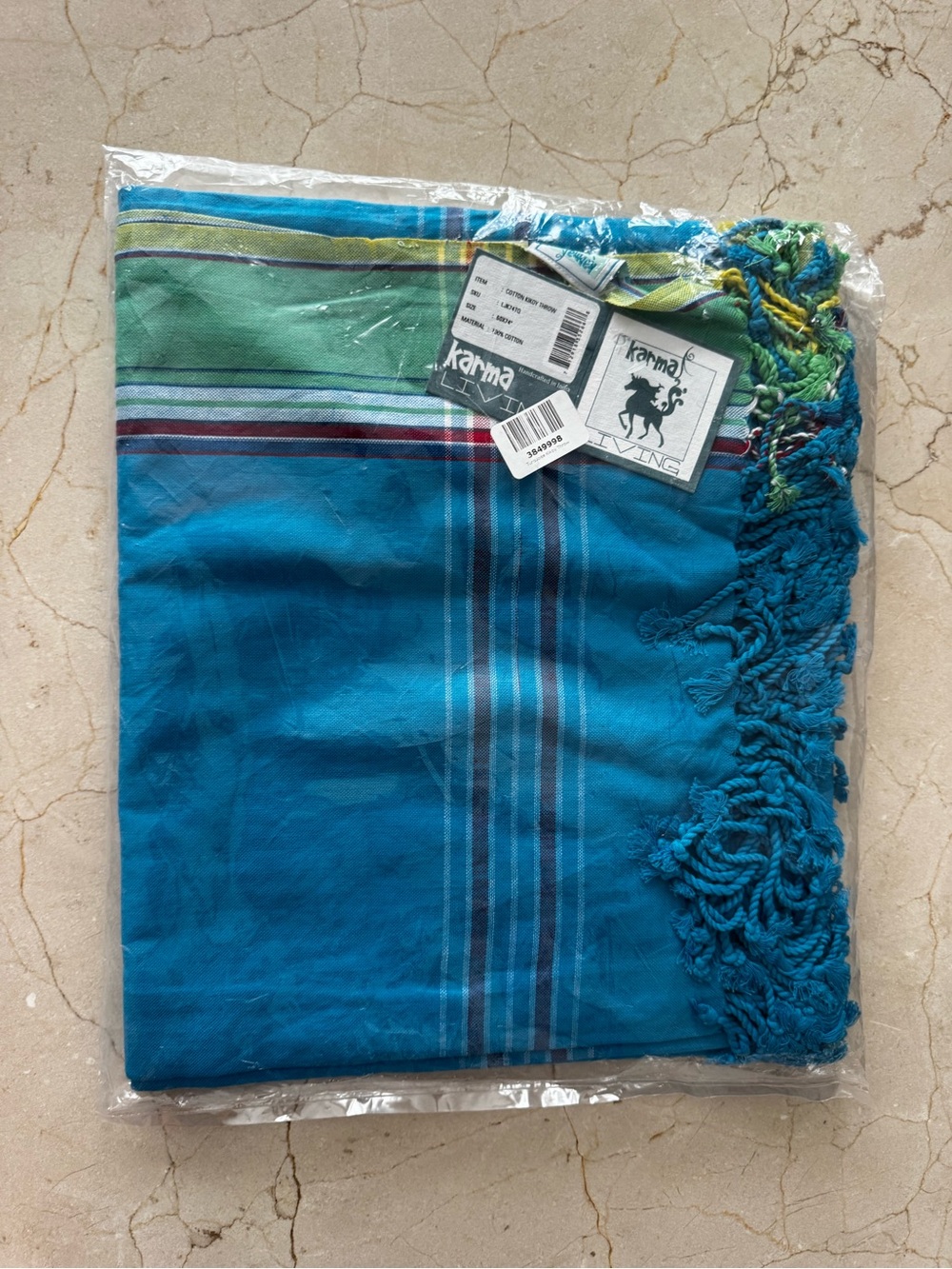 NWT Karma Living Cotton Kilkoy Throw w/ Fringe - Teal Blue Green  60 x 74 HUGE